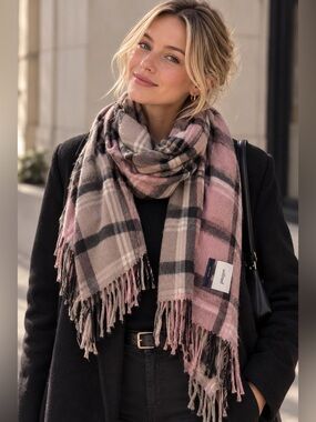 Wilfred Plaid Fringe Scarf in Pink, Taupe, Black